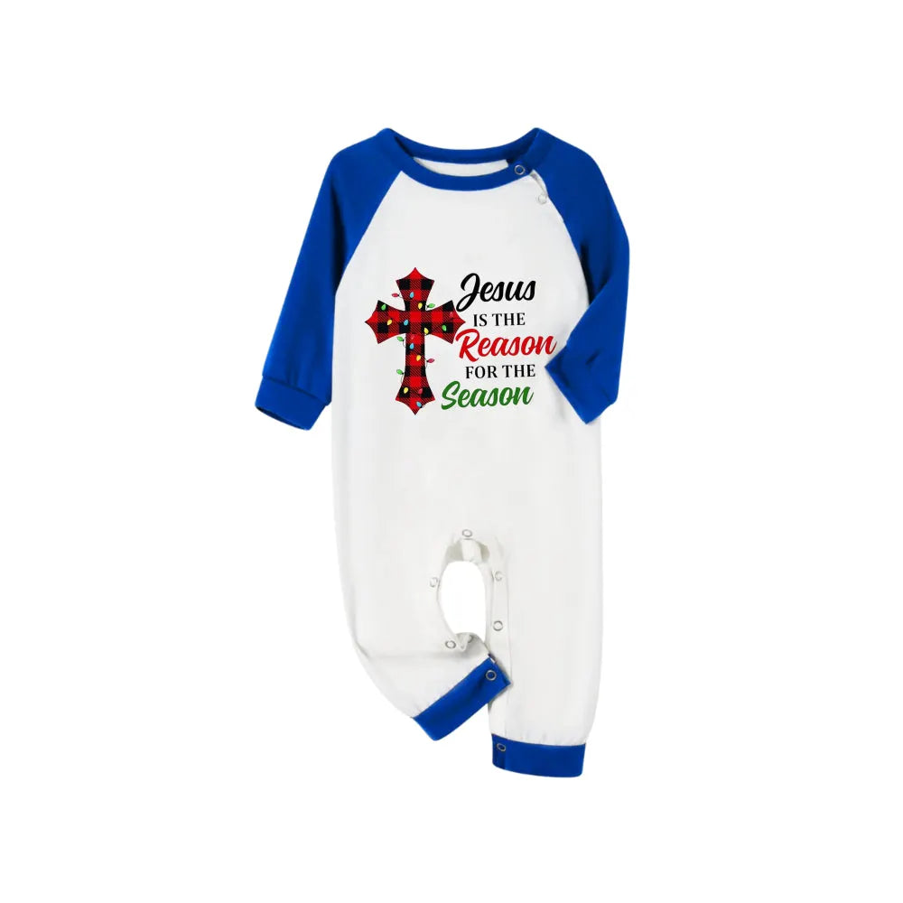 Blue Plaid Short Sleeve Christmas Pajamas Set With "Jesus Is The Reason For The Season" Slogan Print