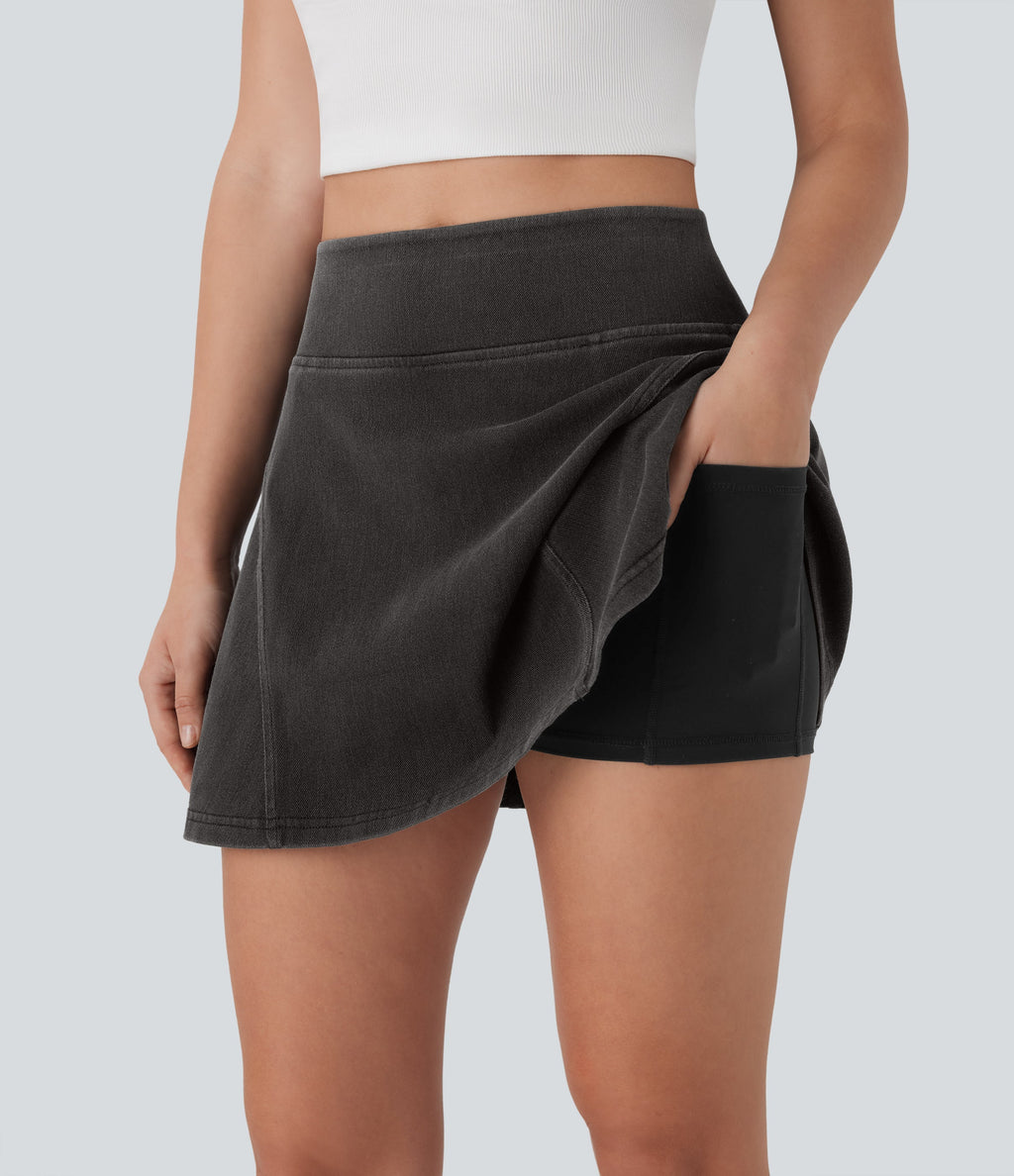 FlexTM High Waisted 2-in-1 A Line Mini Washed Denim Casual Skirt with Pockets
