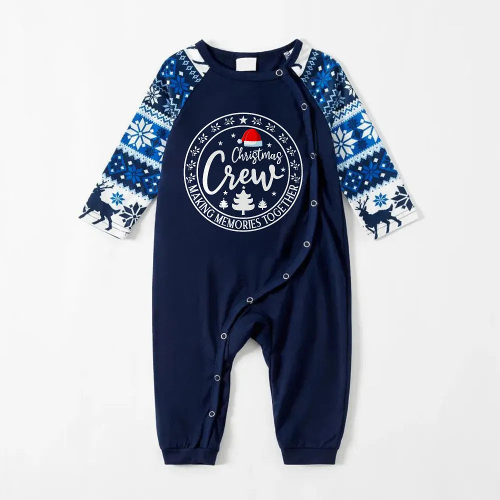 Joyful Blue Christmas Pajamas Set With Santa Hat and "Christmas Crew Making Memories Together" Print