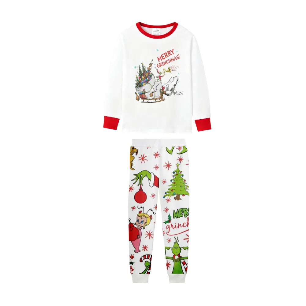 Family Christmas White Pajamas Set With Funny Christmas Character Print