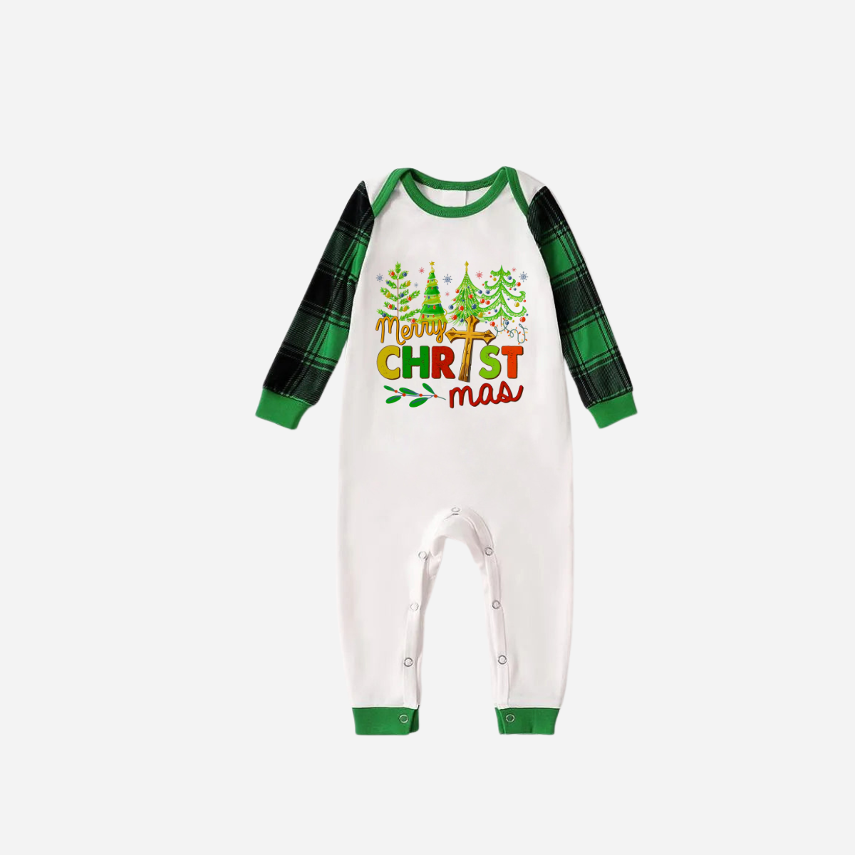 Merry Christmas Trees Family Christmas Pajamas Set - White Top with Green Sleeves and Green Plaid Pants