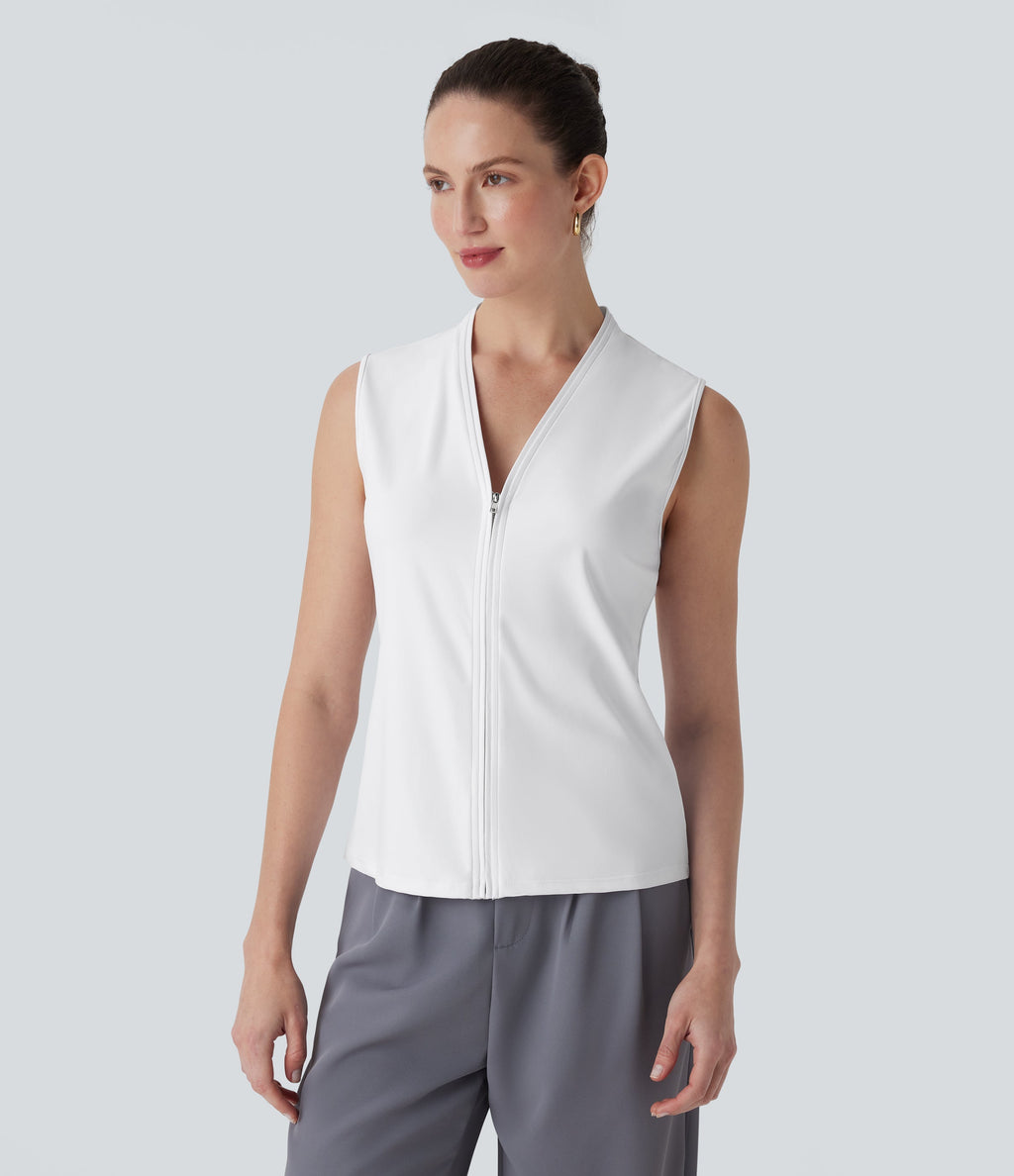 SoftlyZeroTM Airy V Neck Zipper Sleeveless Cool Touch Work Blouse-UPF50+