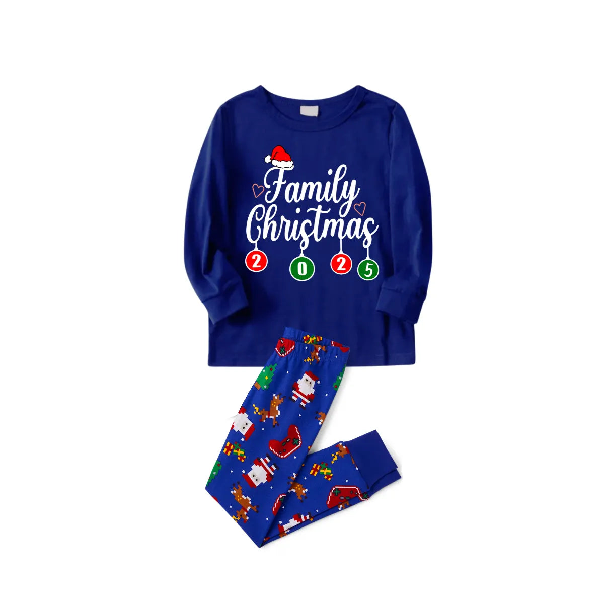 Family Christmas 2025 Pajamas Set - Blue Top / Santa Print Pants