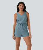 BreezefulTM Sleeveless Cut Out Drawstring Quick Dry Hiking Romper with Pockets
