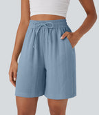 High Waisted Drawstring Casual Linen-Feel Shorts with Pockets