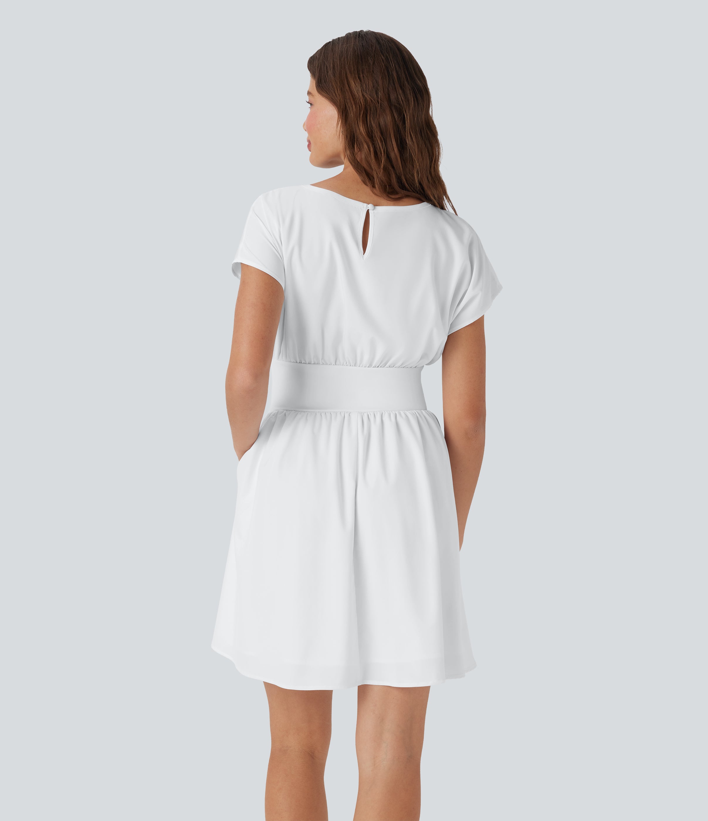 BreezefulTM Batwing Short Sleeve Flowy Quick Dry Mini Work Dress with Pockets