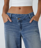 FlexTM Asymmetric Low Rise Zipper Pockets Baggy Wide Leg Washed Casual Jeans