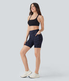 SoCinched High Waisted Tummy Control Zebra Print Training Biker Shorts 7'' with Pockets