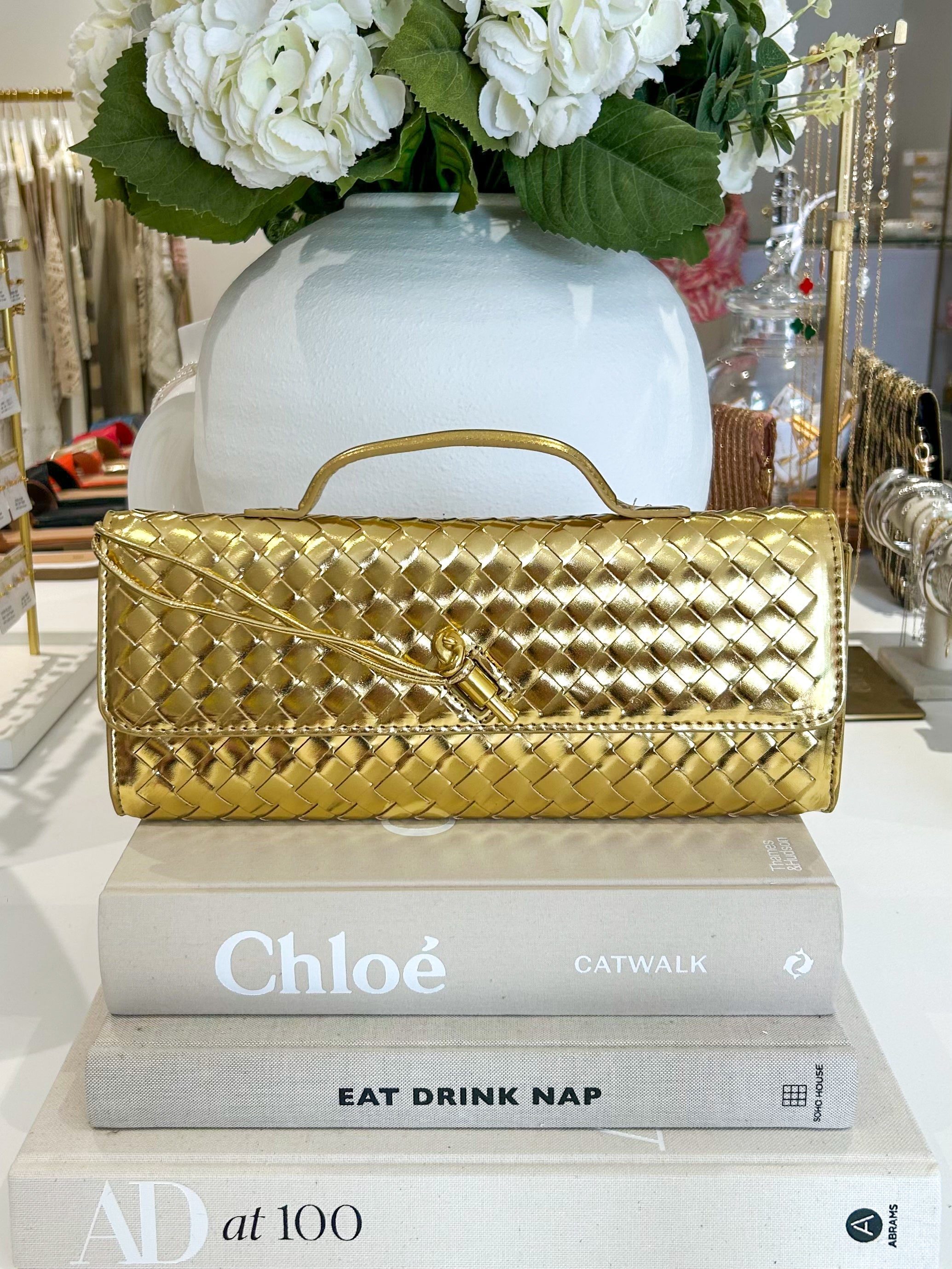 Woven Rectangle Envelope Gold Rod Fasten Clutch Bag (15 Colours)