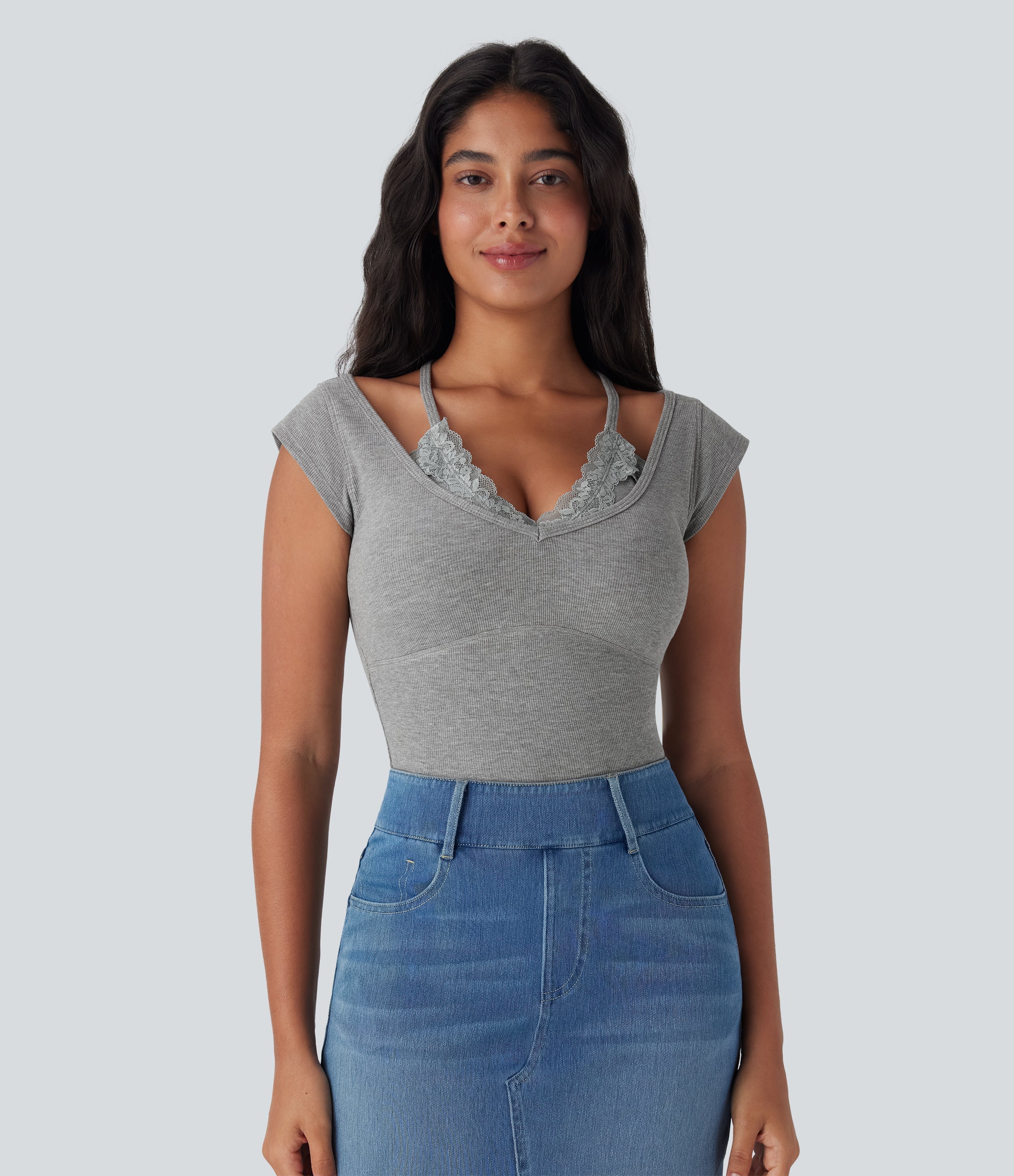 High Stretch Ribbed Knit Lace Halter Cap Sleeve Top
