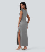 Boat Neck Cap Sleeve Ruched Satin Dress