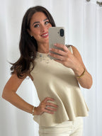 Flat Knit Peplum Top With Jewelled Detailed Neckline (2 Colours)