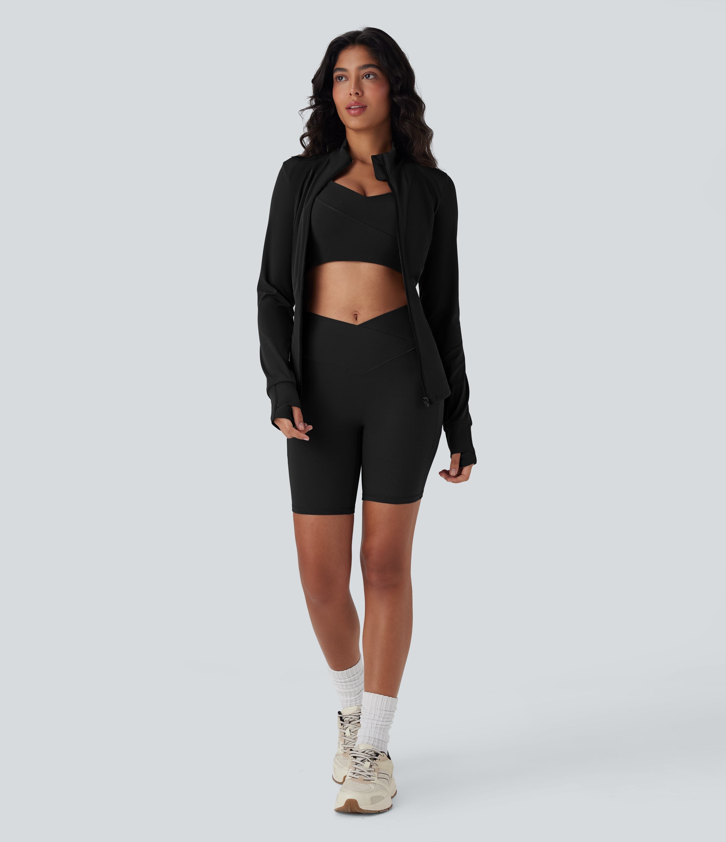 UltraSculptTM High Waisted Crossover Tummy Control Butt Lifting Yoga Biker Shorts 7'' with Pockets