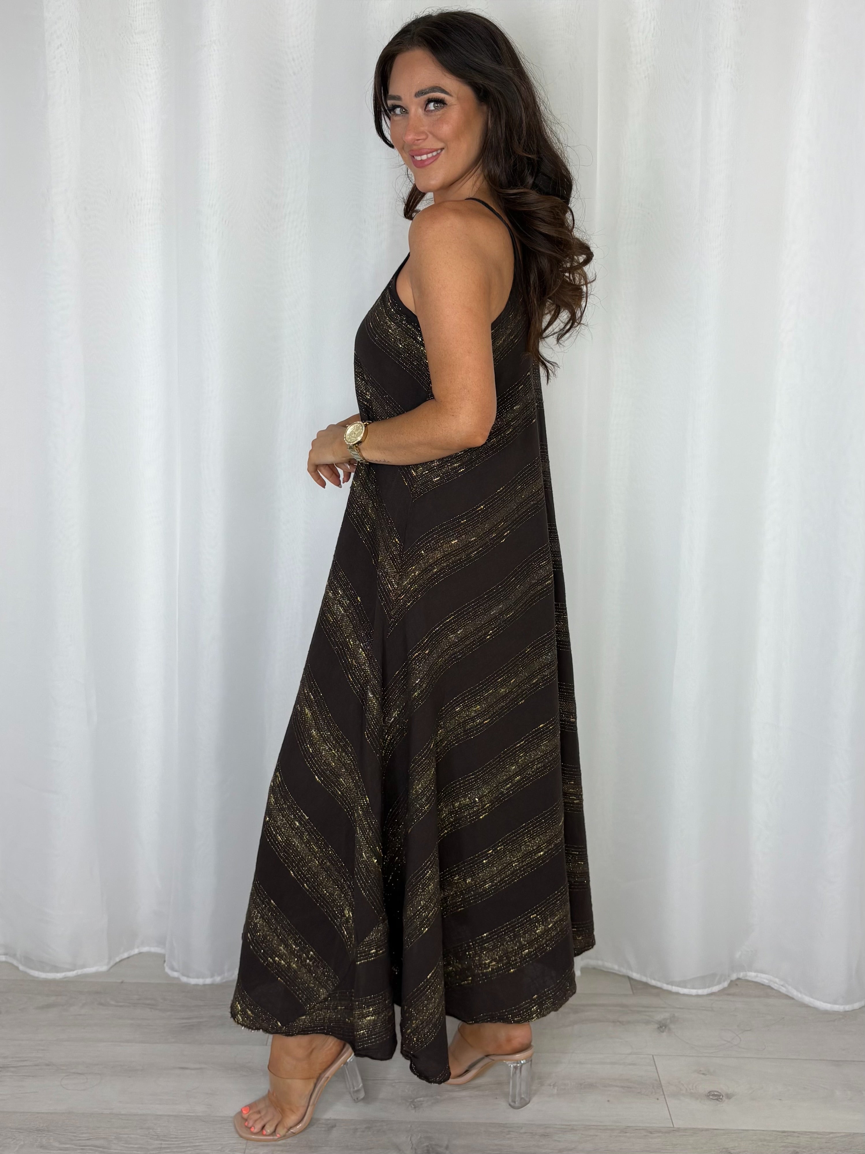 V-Neck Strap Gold Fleck Maxi Dress (5 Colours)