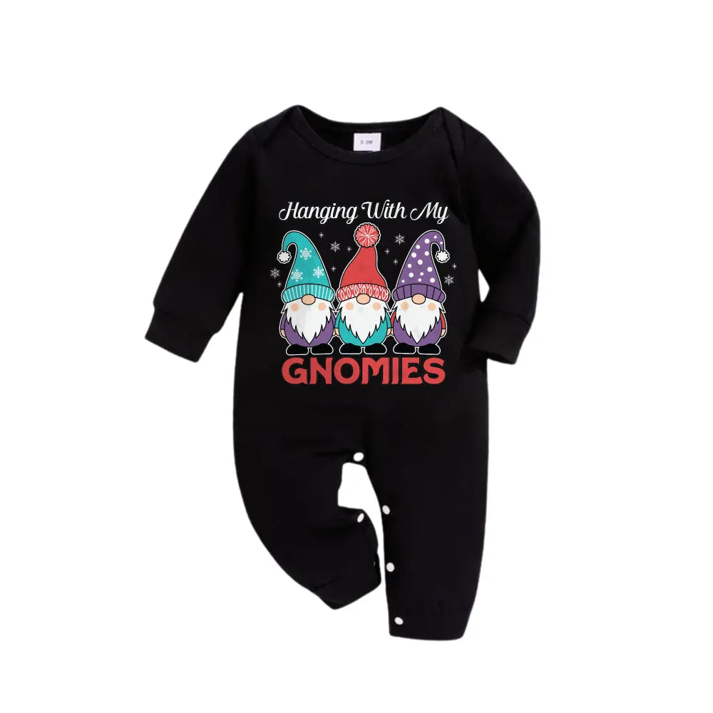 Christmas Family Matching Pajamas-Black Top and Green Plaid Pants Pjs Set with Gnome Family and Christmas Slogan Print