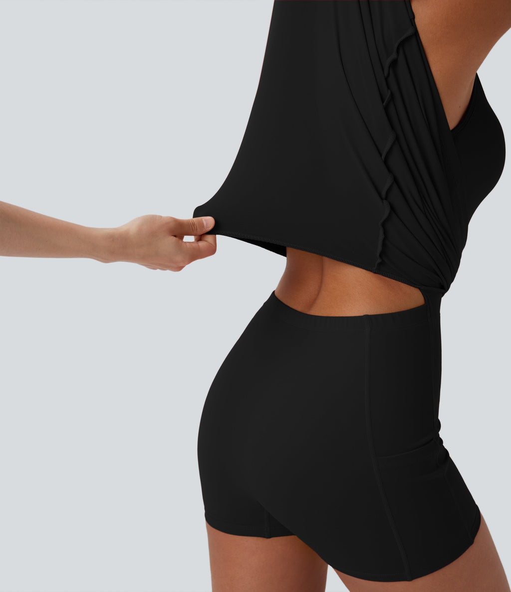 SoftlyZeroTM Plush Push-Up Molded Cups Zipper 2-in-1 Yoga Active Dress with Pockets-Easy Peezy
