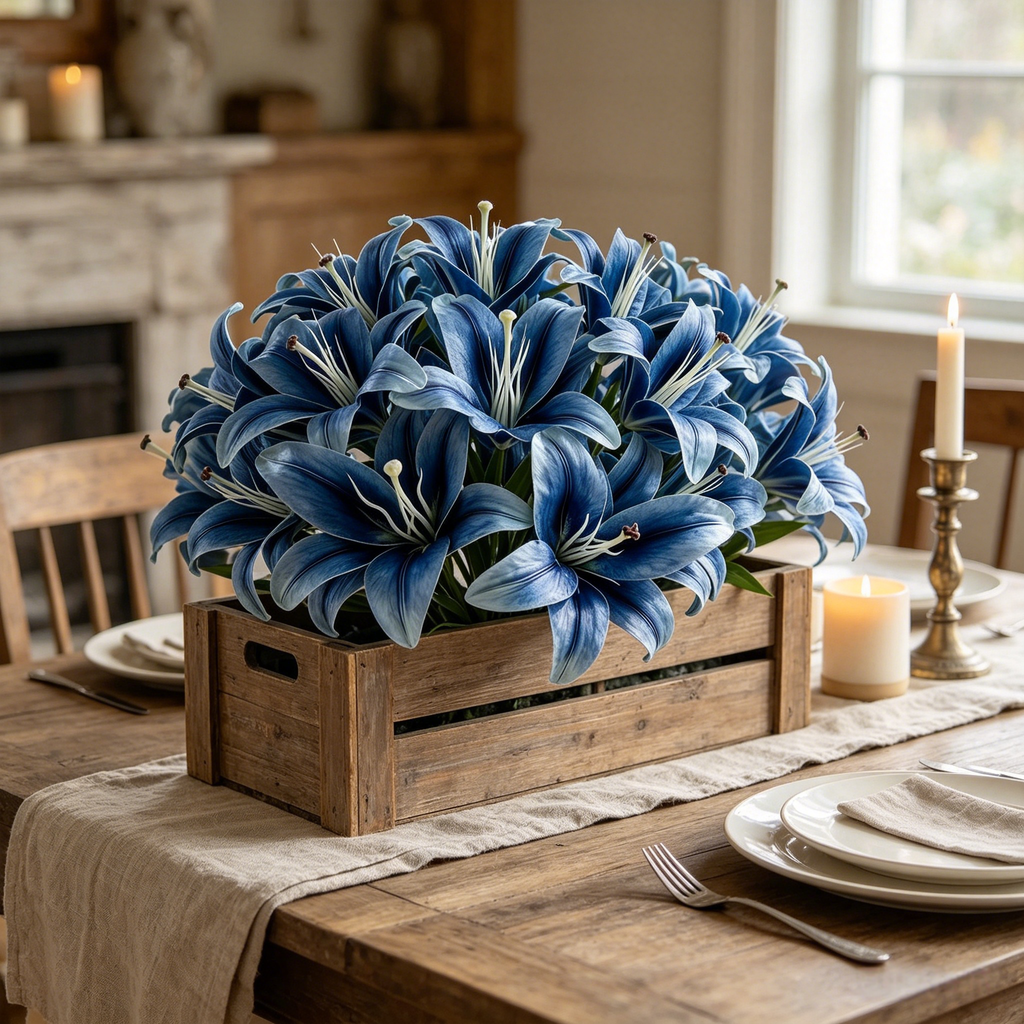 Blue Faux Lily Stems, Set of 2 – 6 Bloom Heads Decorative Floral Stems for Home Décor
