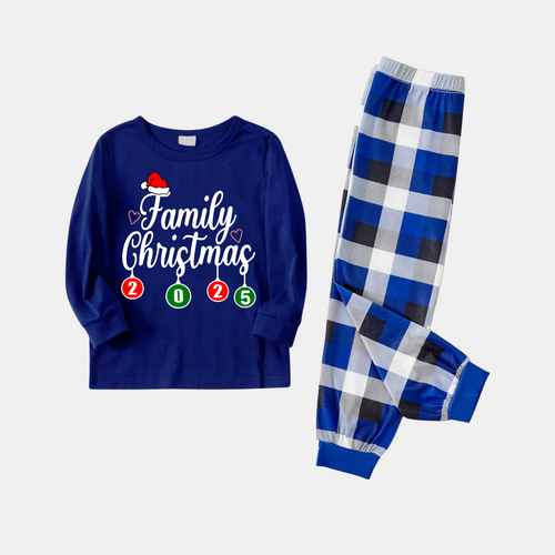 "Family Christmas 2025" Letter Printed Blue Long Sleeves with Blue&White&Black Plaid Pants Family Matching Pajamas