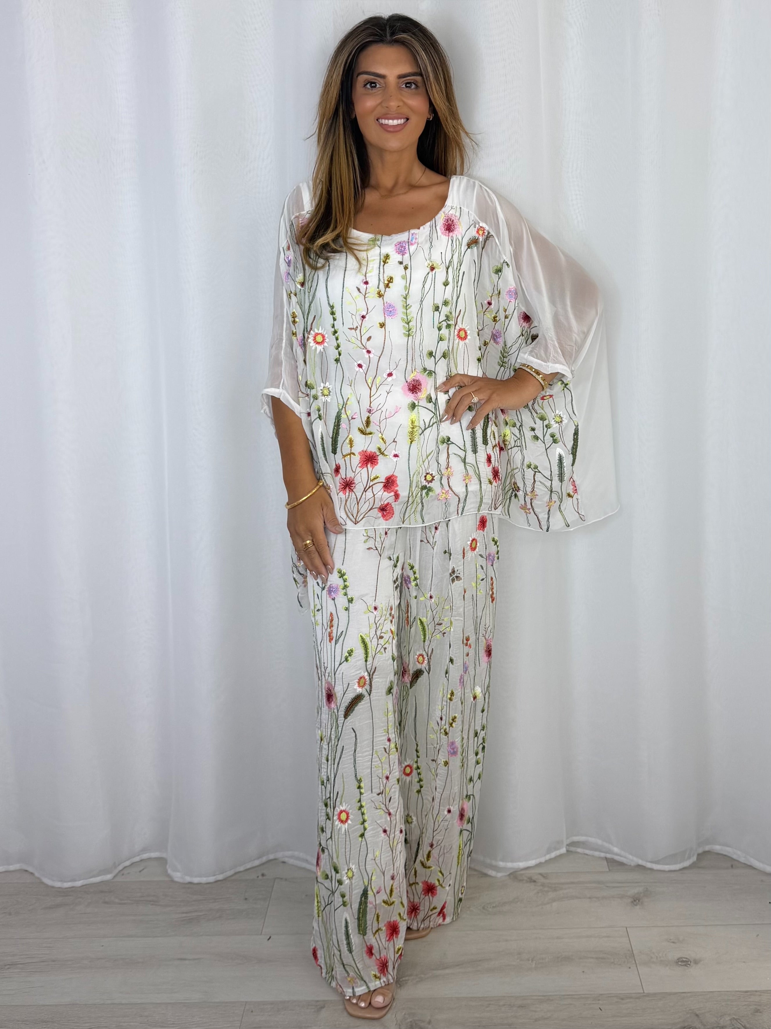Flower Embroidered Silk Top And Trouser Co-Ord (2 Colours)