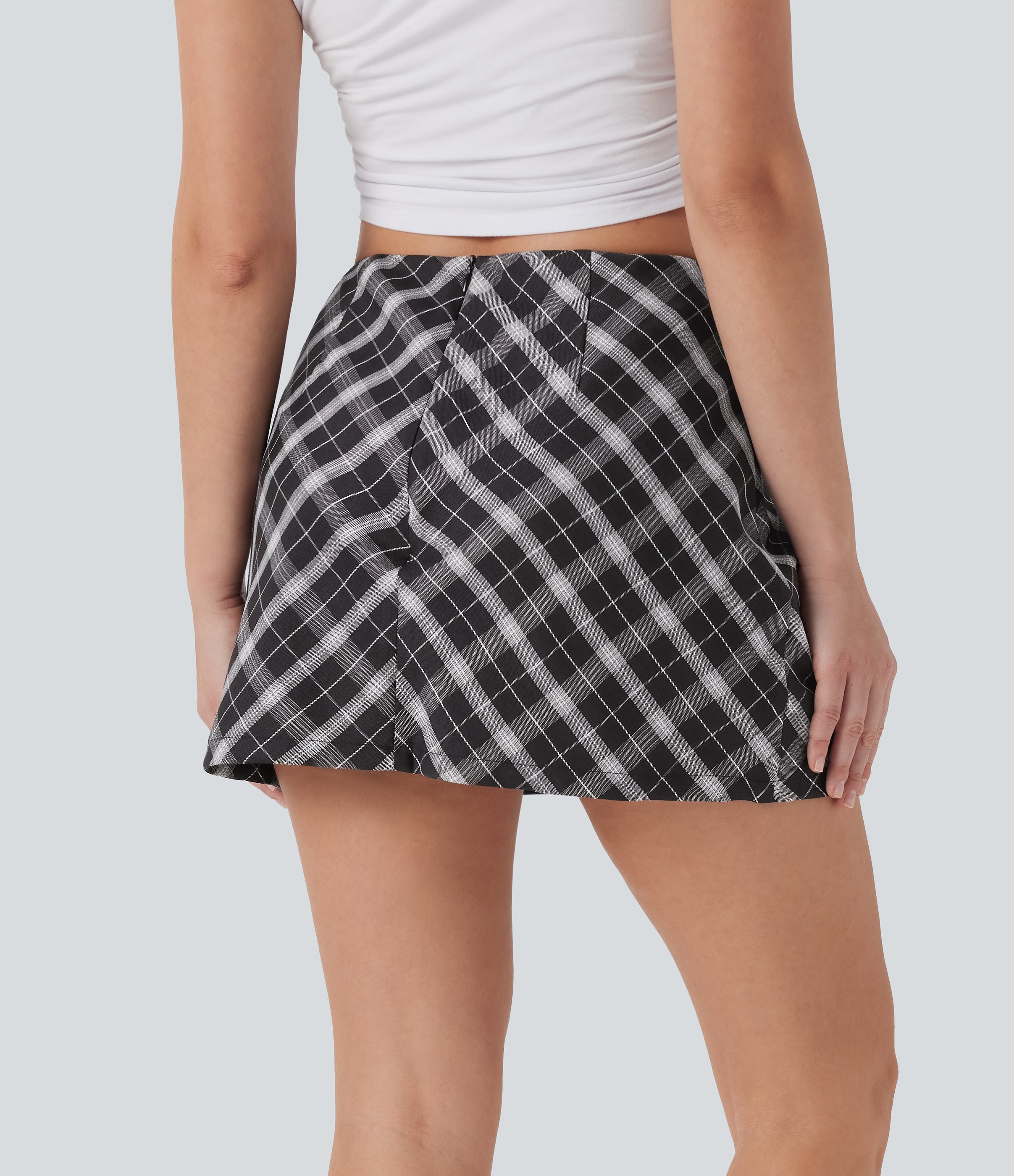 Mid Rise 2-in-1 Plaid A-line Mini Casual Skirt with Pocket