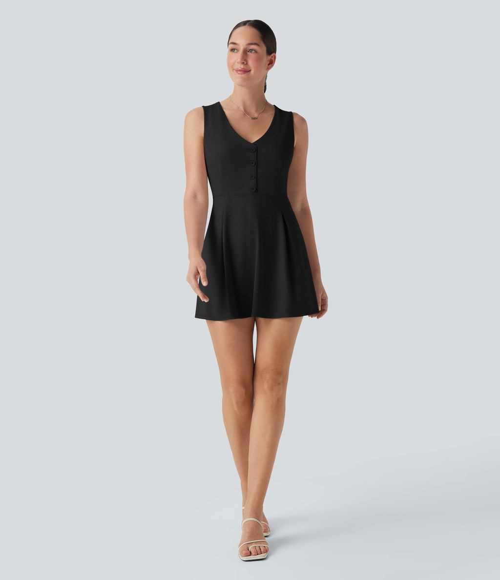 V Neck Sleeveless Decorative 2-Piece Mini Casual Dress with Pocket
