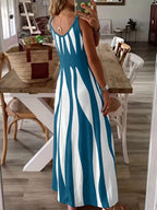 Summer New Arrival Women's Casual Sleeveless Striped V-Neck Long Dress, Sweet Style Elegance Loose-Fitting Daily Wear, Perfect for Outdoor Activities
