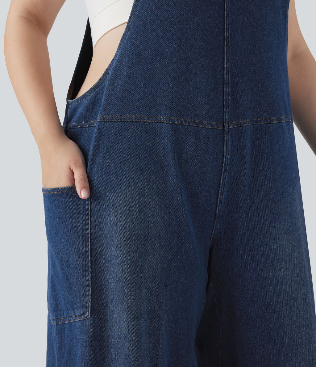 FlexTM V Neck Washed Denim Casual Plus Size Overalls with Pockets