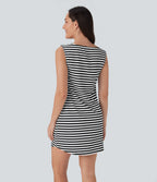 Boat Neck Sleeveless Curved Hem Mini Stripe Waffle Casual Dress with Pockets
