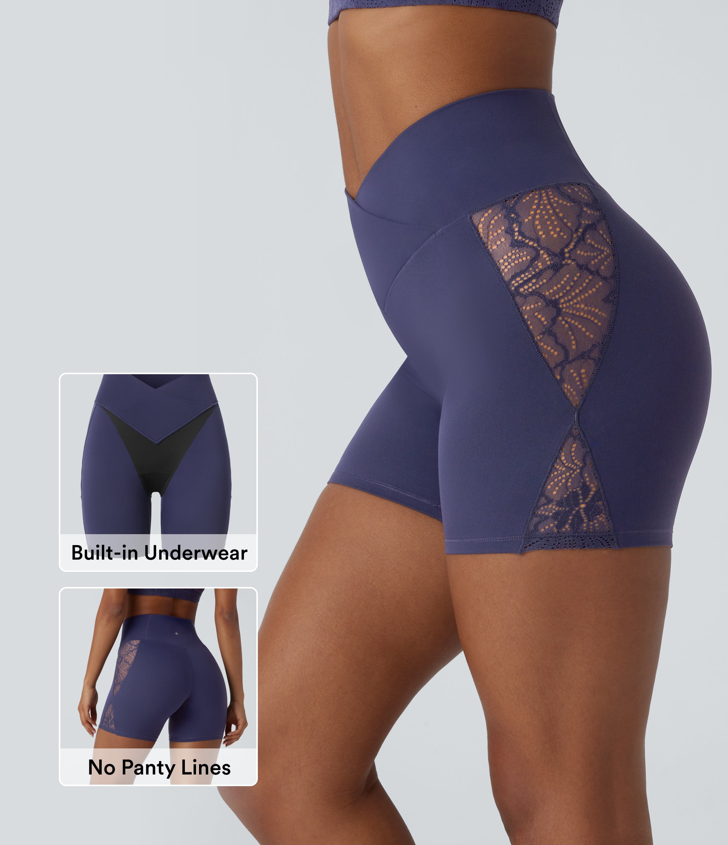 SoftlyZeroTM High Waisted Crossover Contrast Lace Built-in Underwear Yoga Biker Shorts 5'' with Pocket-UPF50+