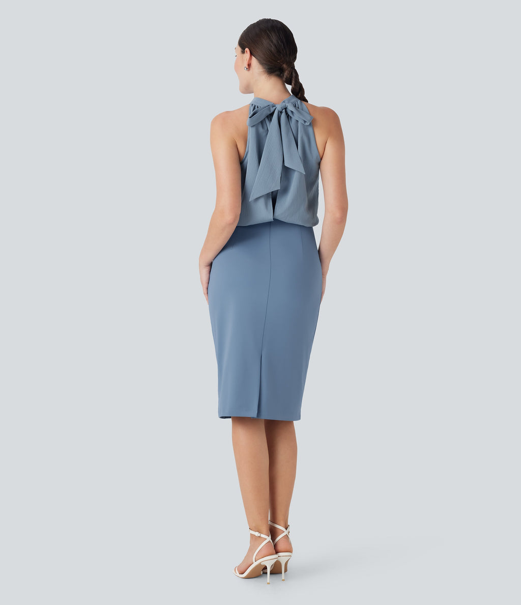 SoftlyZeroTM Airy Halter Tie Back Cool Touch Midi Work Dress with Pockets-UPF50+