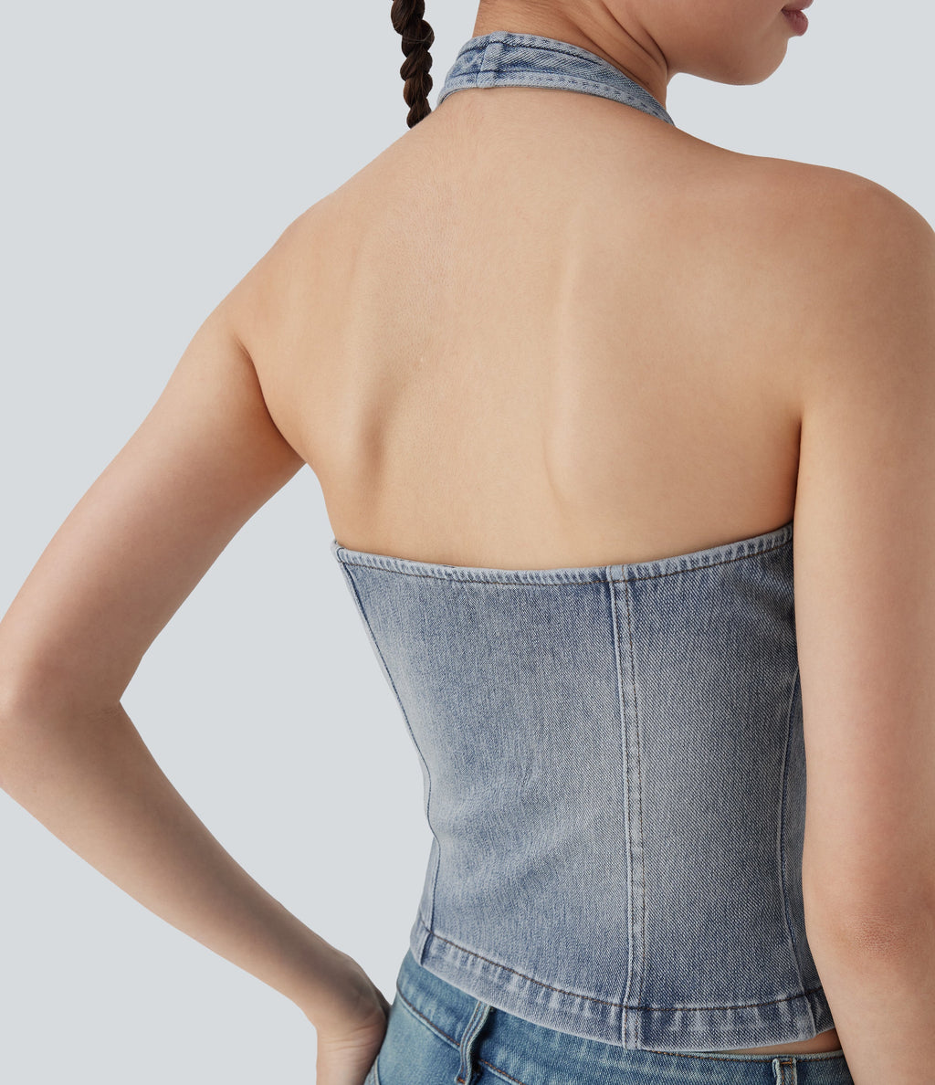 FlexTM Halter Zipper Washed Denim Casual Tank Top