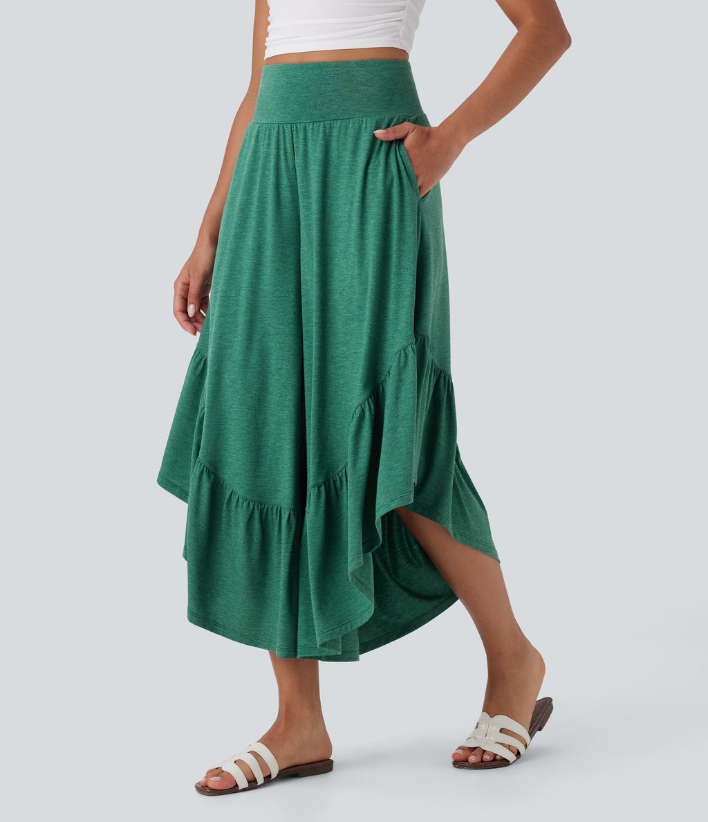 High Waisted Ruffle Hem Casual Pants with Pockets