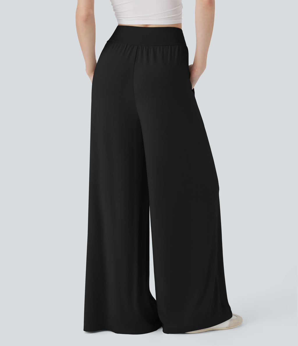 Mid Rise Crossover Ruched Wide Leg Casual Pants with Pockets