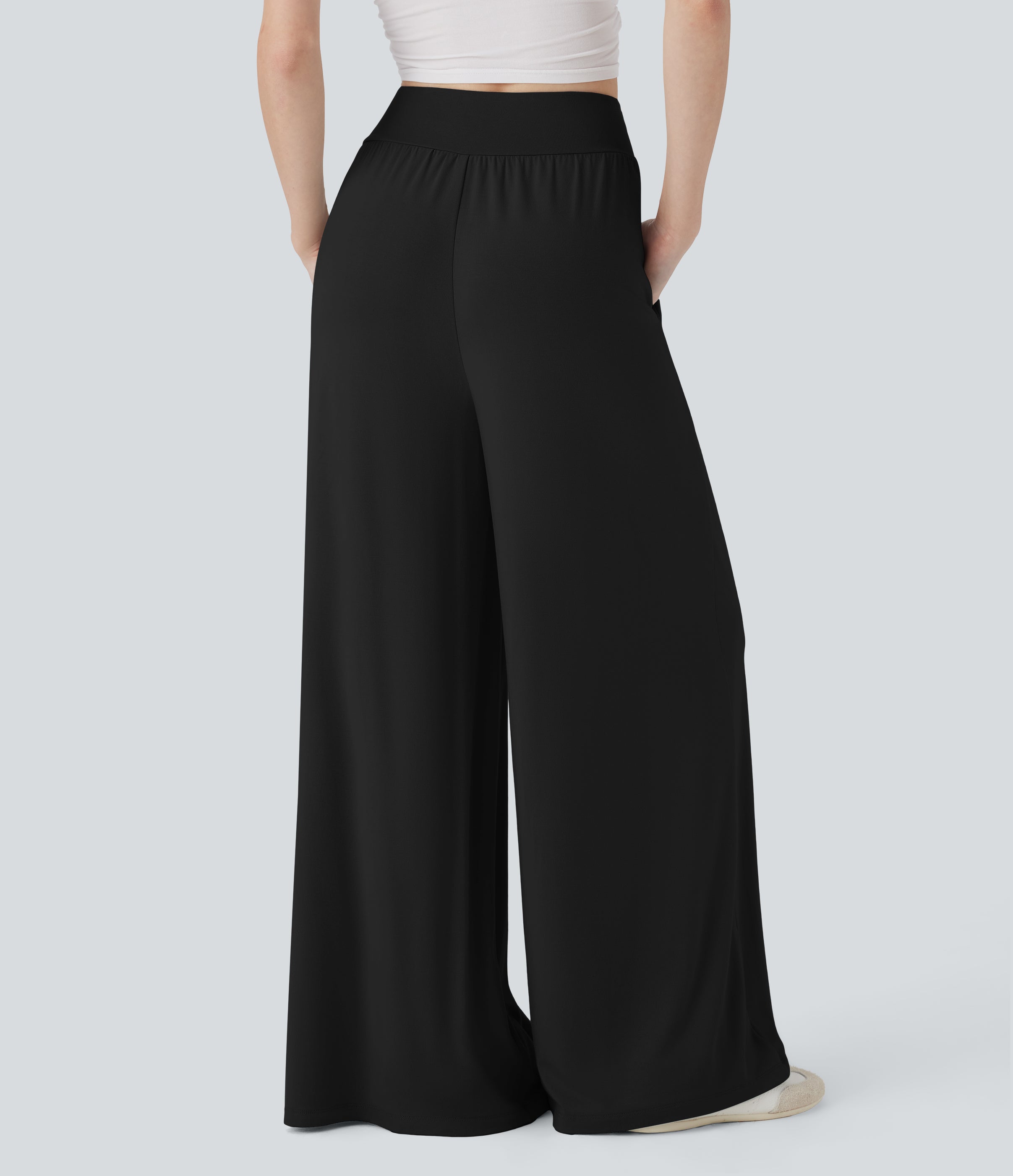 Mid Rise Crossover Ruched Wide Leg Casual Pants with Pockets