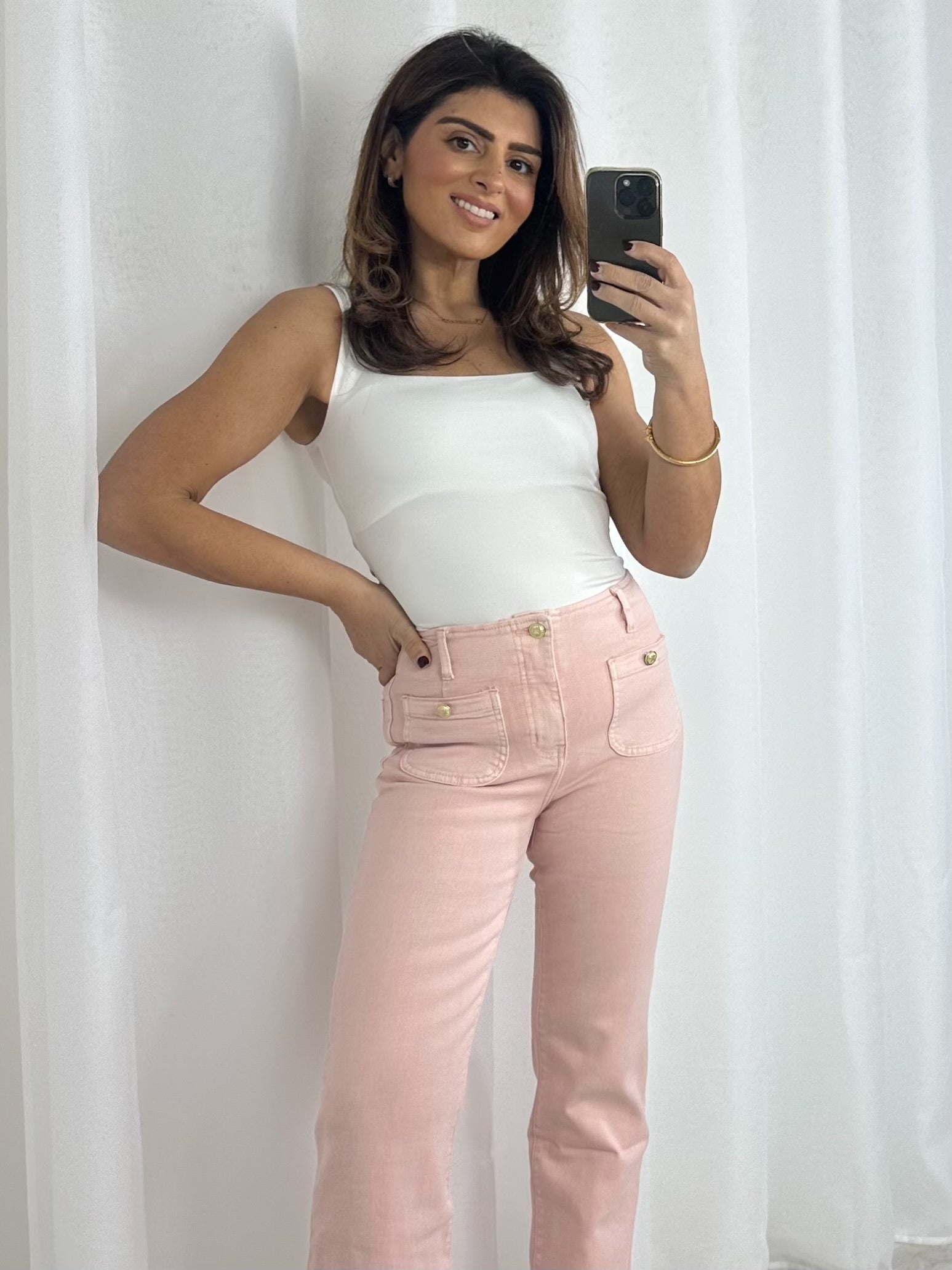 Front Pocket Gold Button Detailing Straight Leg Jeans (4 Colours)