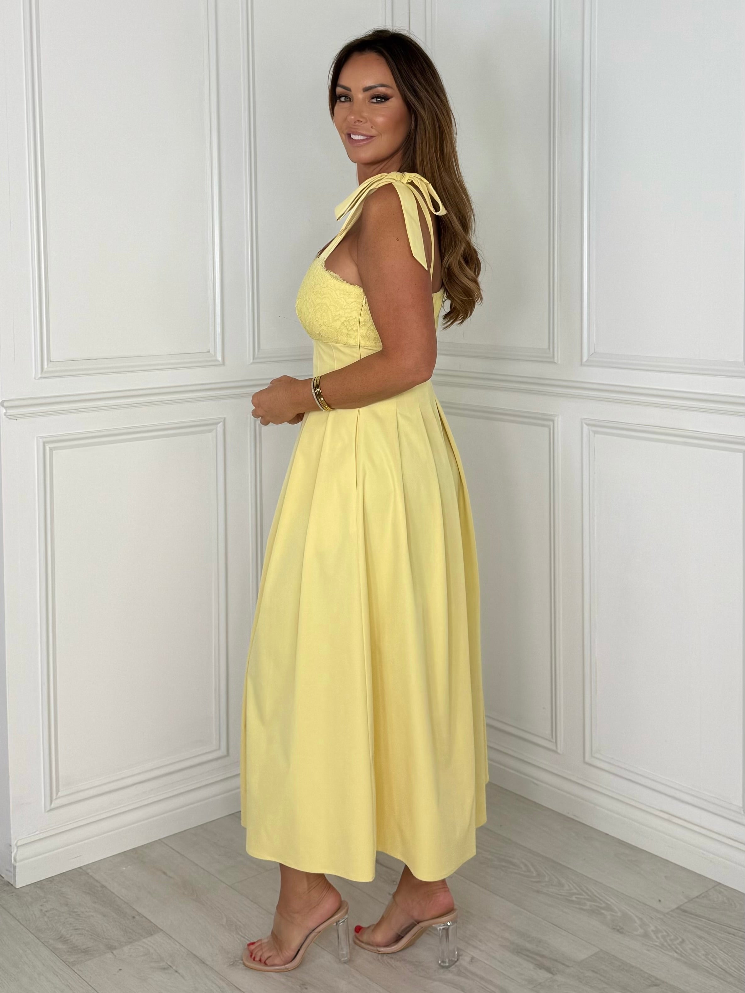 Riviera - Lace Tie-Shoulder Midi Dress (Yellow)