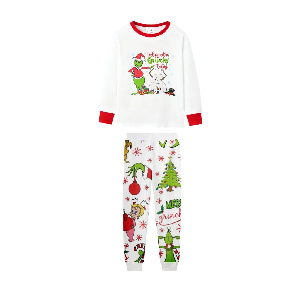 Family Christmas White Pajamas Set With Funny Pattern Print