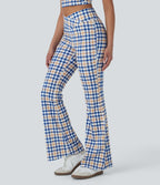 Crossover High Waisted Plaid Cool Touch Yoga Flare Leggings with Pocket