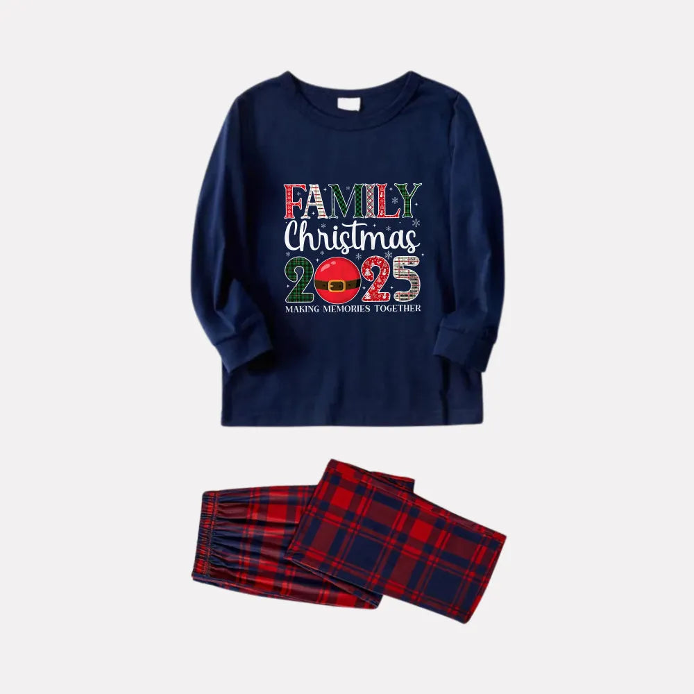Christmas Family Matching Pajamas-Navy & Red Plaid Pjs Set with "Family Christmas 2025" Artistic Font Print