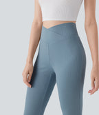 Ribbed Knit Crossover High Waisted Casual Flare Pants with Pocket