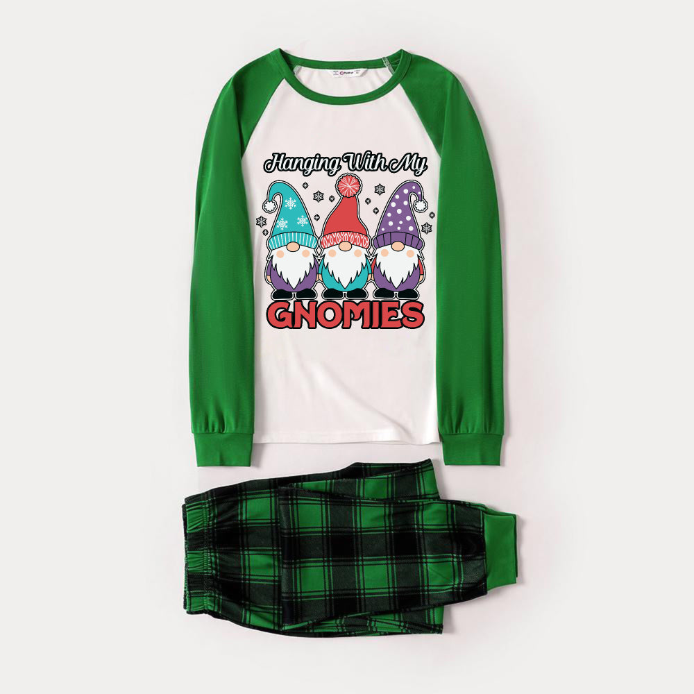 Green Raglan Top Green Plaid Christmas Pajamas Set With "Hanging With My GNOMIES" and Cute Gnomes Print