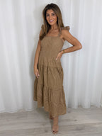 Taupe Laser Cut Out Frill Strap Midi Dress