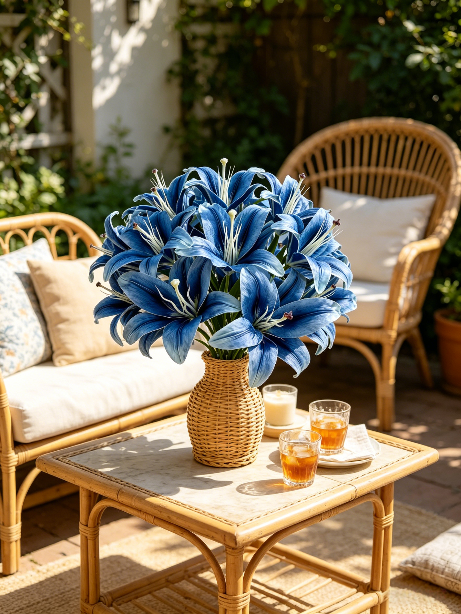 Blue Faux Lily Stems, Set of 2 – 6 Bloom Heads Decorative Floral Stems for Home Décor