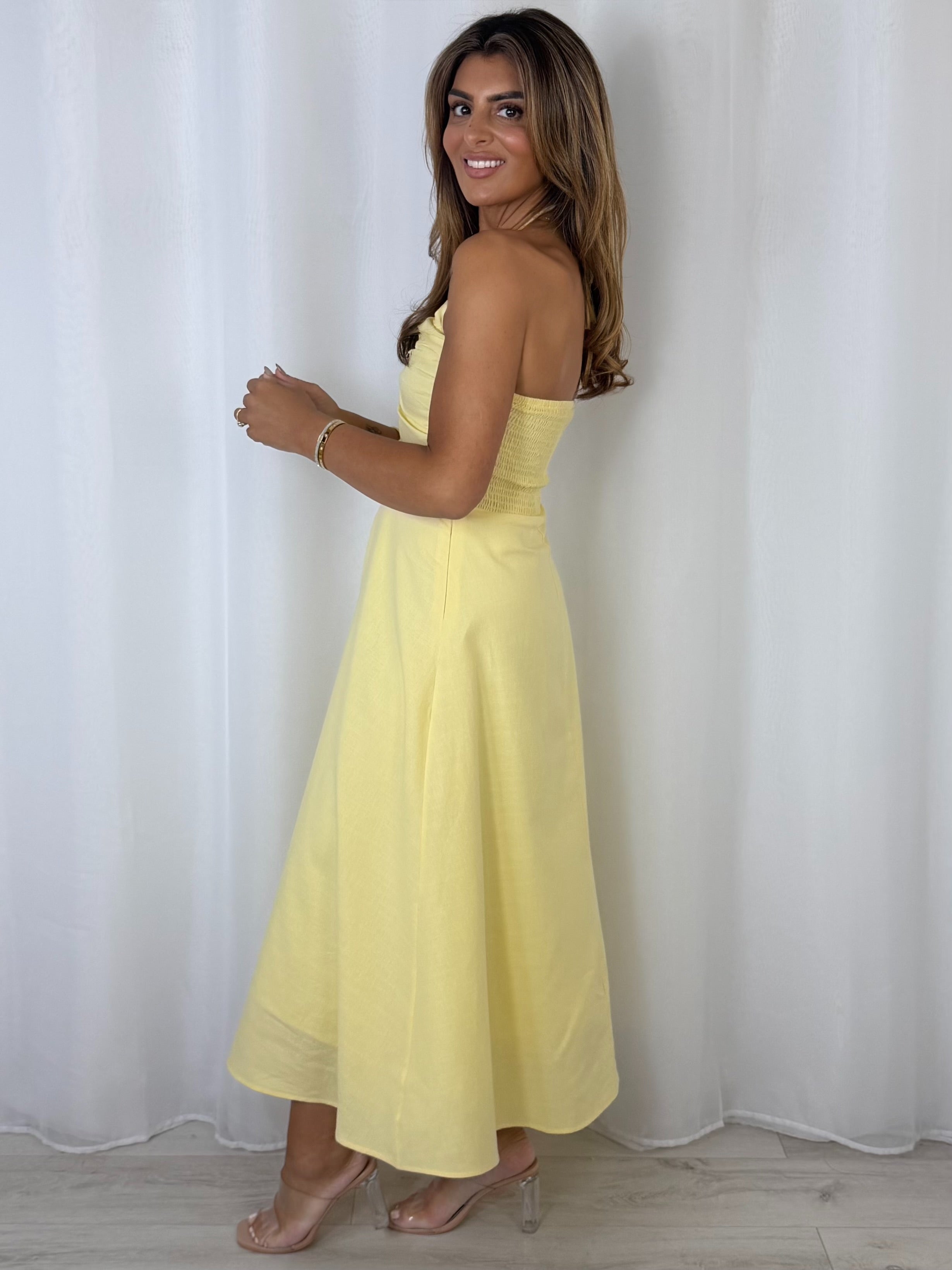 Ruched Tie Neck Smocked Back Midi Dress (2 Colours)