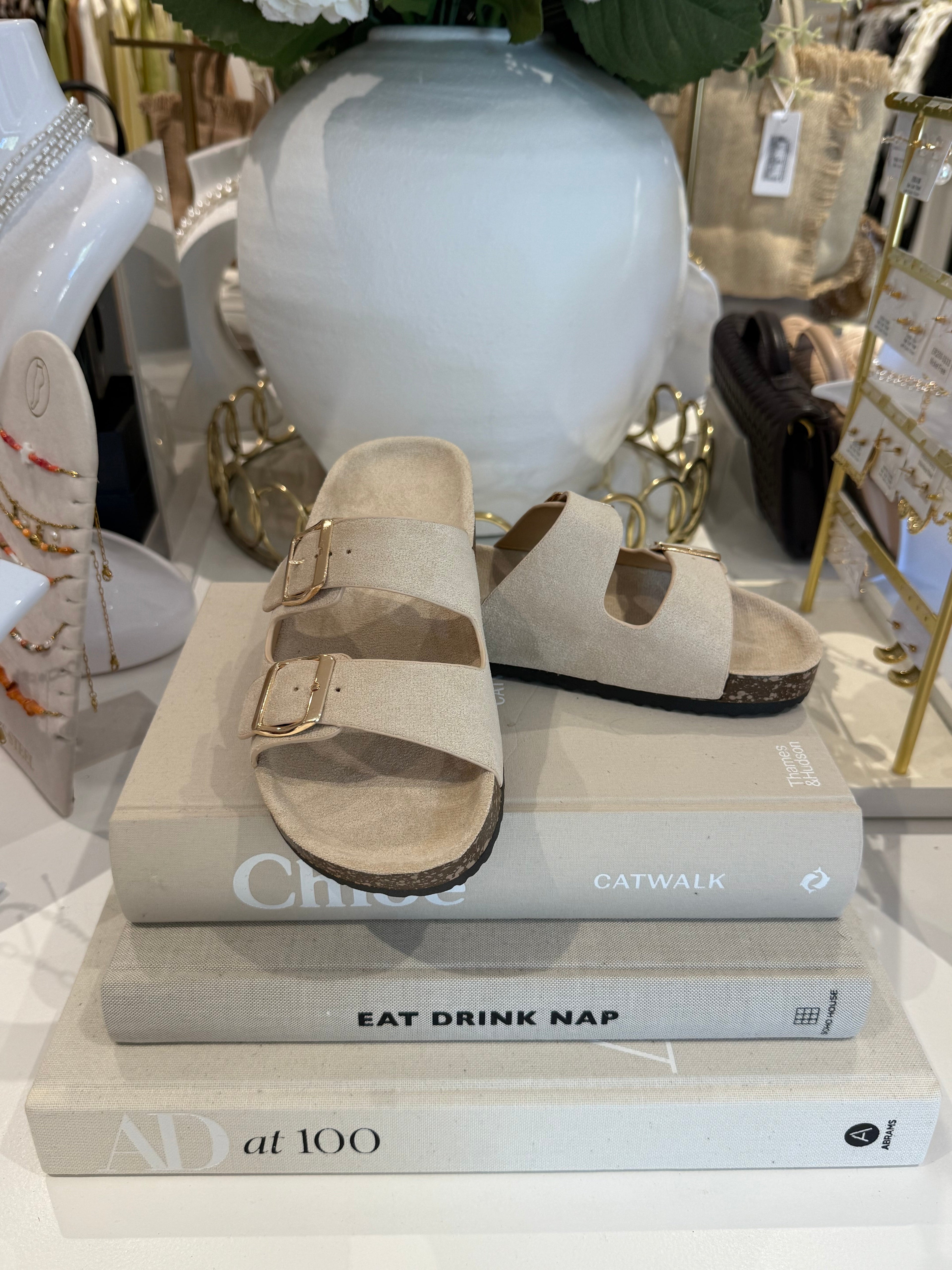 Beige Faux Suede Cork Sole Sandals