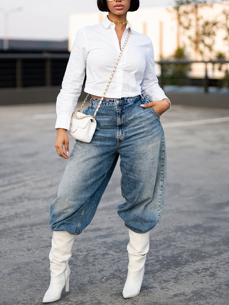 Women Collar Shirt+ Washed Jeans Casual Set
