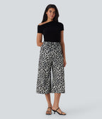 High Waisted Drawstring Leopard Print Wide Leg Capri Casual Pants with Pockets