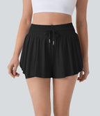 SoCinched High Waisted Tummy Control Drawstring 2-in-1 Anti-slip Hem Cool Touch Yoga Shorts with Pockets-UPF50+