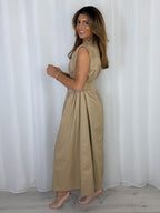 Grandad Collar Cinched Pleated Waist Dress