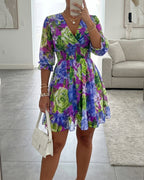 Floral Print Overlap V Neck Long Sleeve Shirred Waist Ruffle Hem Dress Casual Cinched Waist Flared Cuffs Chiffon Vacation Dress with Lining
